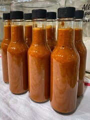 Bottles of homemade hot sauce