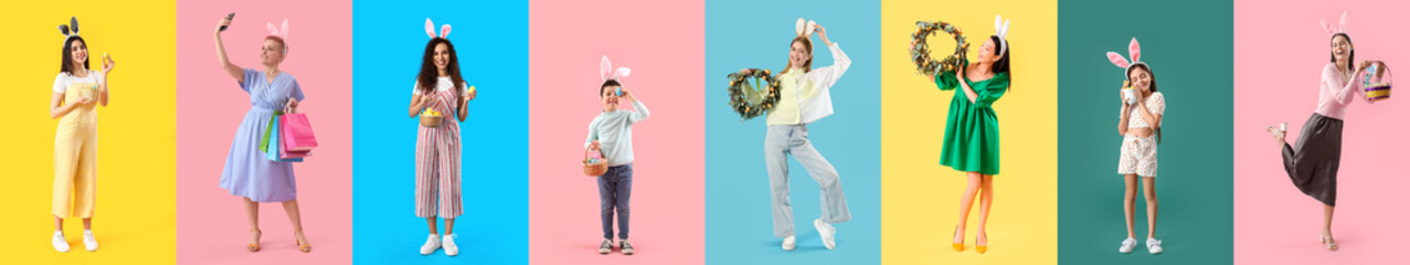 Set of different people celebrating Easter on color background - obrazy, fototapety, plakaty