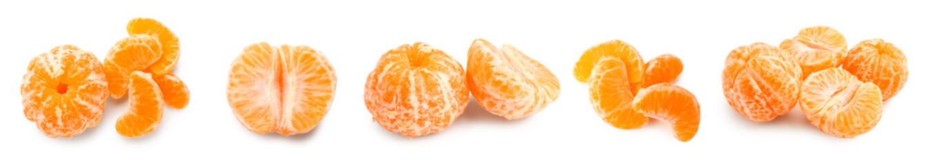Collage of fresh peeled tangerines on white background