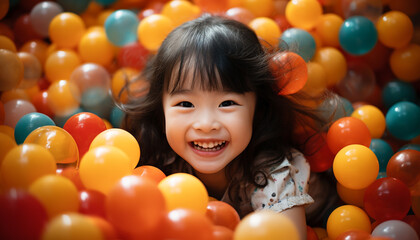 Fototapeta na wymiar Smiling child playing with colorful balloon, pure happiness and joy generated by AI