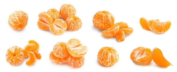 Set of fresh peeled tangerines on white background