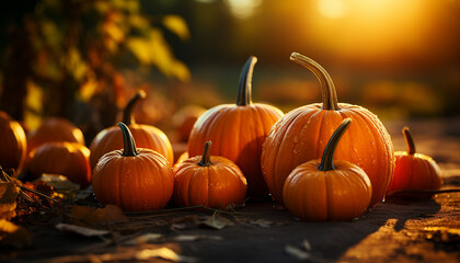 Autumn orange pumpkin decoration brings Halloween celebration outdoors generated by AI