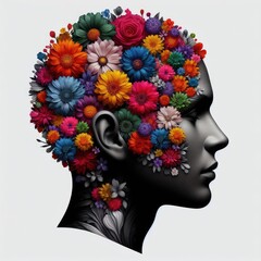 person with colorful flowers. The person's head is in grayscale, showing only the facial features without any identifiable traits.