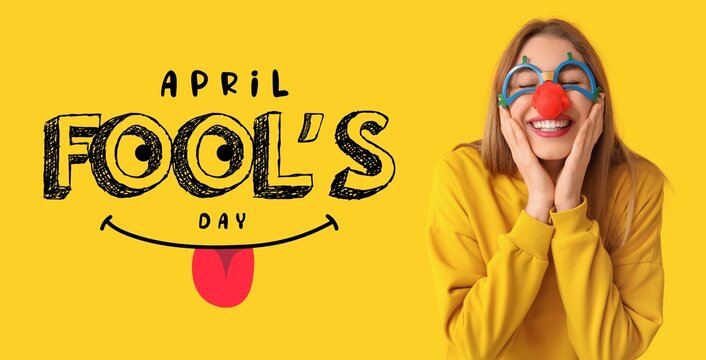 Banner for April Fools' Day with funny young woman in disguise on yellow background