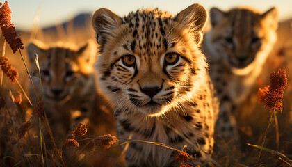 Obraz premium Majestic cheetah walking in African wilderness, spotted beauty in nature generated by AI