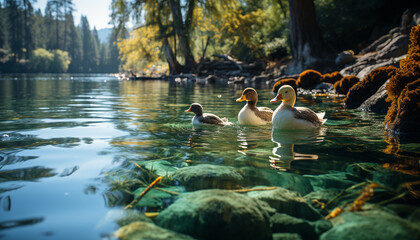 Duck family swimming in tranquil pond, surrounded by nature generated by AI - 725185980