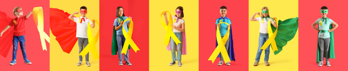 Set of children in superhero costumes and with awareness ribbons on color background. International Childhood Cancer Day - obrazy, fototapety, plakaty