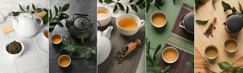 Set of Asian green tea on table - obrazy, fototapety, plakaty