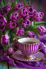 Fototapeta na wymiar An elegant porcelain tea set with a striped pattern and a bouquet of purple tulips on a wooden table, ideal for morning tea or as a festive table decoration. 