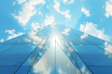 Fototapeta na wymiar 3d render abstract modern minimal background mirror pyramid skyscraper under the blue sky with white clouds.