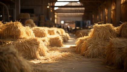Farmers working in a barn, harvesting wheat generated by AI - obrazy, fototapety, plakaty