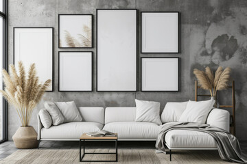 Poster frame background room in flat black and metallic silver color with 6 frames on the wall solid monochrome background for gallery wall mockup 3d rendering pastel color room.