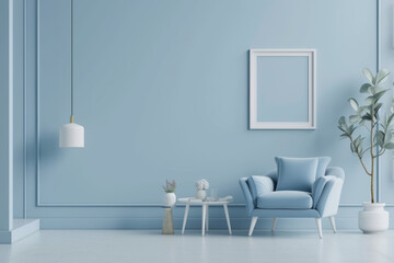 Interior of the room in plain monochrome pastel blue color with furnitures and room accessories. 