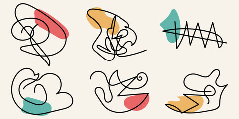 Doodle set of hand-drawn black inks with color spots isolated on beige background. Editable stroke. Multicolored vector illustration for cards, business, banners, logotypes, textile	