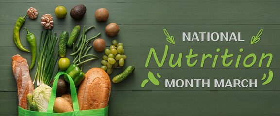 Banner for National Nutrition Month with fresh products in shopping bag
