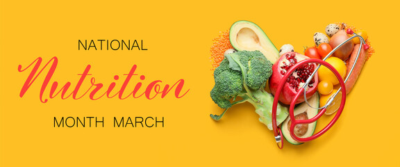 Banner for National Nutrition Month with healthy products and stethoscope - obrazy, fototapety, plakaty