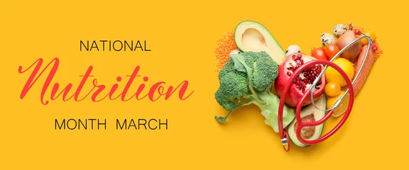 Foto op Plexiglas Banner for National Nutrition Month with healthy products and stethoscope © Pixel-Shot