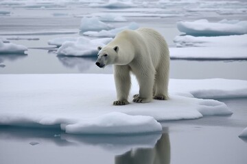 Melting ice threatens polar bear amidst global warming. Generative AI