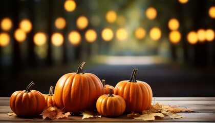 Autumn celebration pumpkin decoration illuminates rustic table in candlelight generated by AI