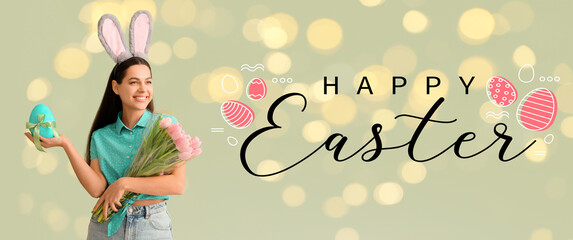 Easter banner with portrait of happy woman holding egg and flowers on green background