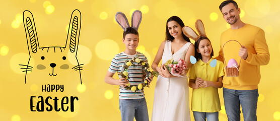 Easter banner with portrait of happy family on yellow background