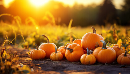 Autumn celebration pumpkin lanterns glow in spooky November sunset generated by AI