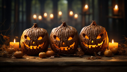 Halloween night, spooky celebration, glowing pumpkin, candlelight, autumn decoration generated by AI - obrazy, fototapety, plakaty