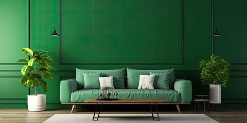 Green sofa in living room and green wall in dining room. .