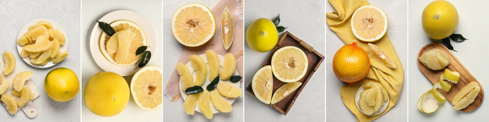 Collage with ripe pomelo on light background, top view