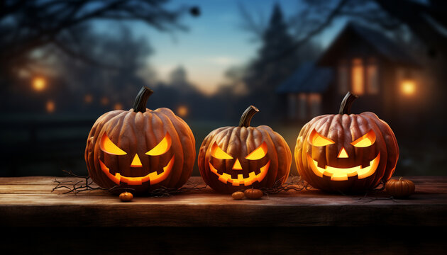 Spooky pumpkin lantern glows, celebrating Halloween in dark autumn night generated by AI