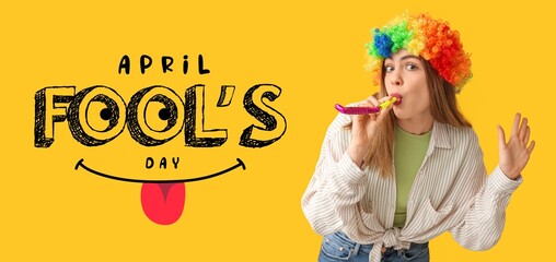 Banner for April Fools' Day with funny young woman wearing wig on yellow background