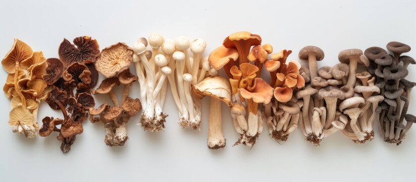 Assorted dehydrated mushrooms on plain backdrop.