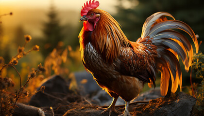 Majestic rooster standing in the sunlit meadow generated by AI - obrazy, fototapety, plakaty