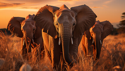 Elephants roam the African savannah, majestic and wild generated by AI - obrazy, fototapety, plakaty