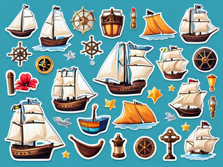 Fototapeta na wymiar Cute stickers. White borders. Sailboats and Pirates and hdr color