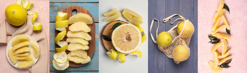 Collage with ripe pomelo on color background, top view