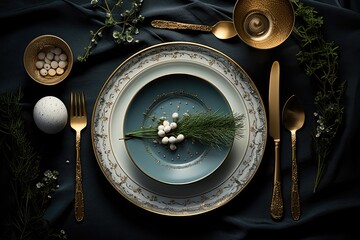 Floral Dinner Table Arrangement with, Plates, Glasses, and Bouquet in a Restaurant Setting