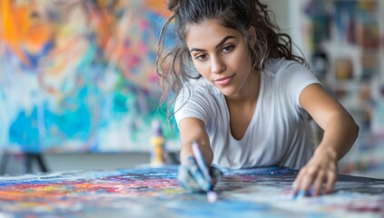 Fototapeta premium Young artist immersed in creating vibrant artwork