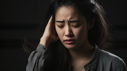 A Depressed frustrated young Asian woman suffering from headache, migraine, touching face, head with closed eyes, feeling stressed, sick, tired, thinking over bad news, problems, crisis.