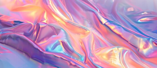 Gradient pastel colors on a holographic background create an abstract, foil fashion aesthetic reminiscent of a rainbow.