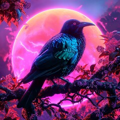 bird on a tree with a neon moon
