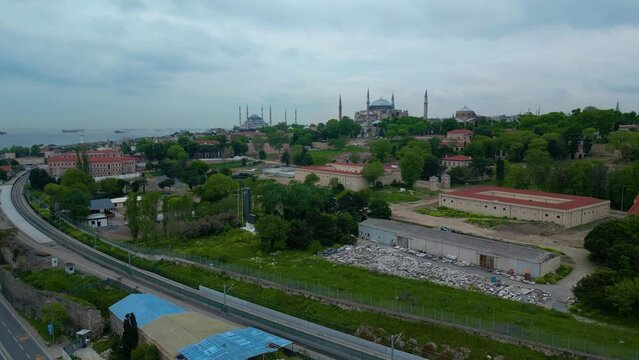 Blue Mosque and Hagia Sophia aerial view at Sultan Ahmet at Park in Sultanahmet district in historic city of Istanbul, Turkey. Historic Areas of Istanbul is a UNESCO World Heritage Site. 