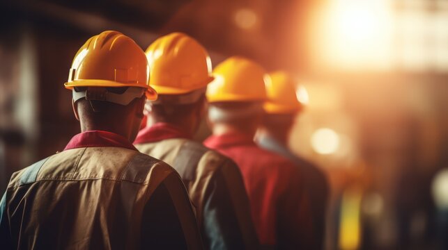 A Construction team or group of engineers and workers Safety helmets to prevent accidents while working in shipping and container teams. Teamwork and commitment to success.
