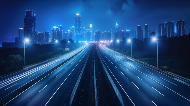 An image of a highway with city lights behind it on the right side.