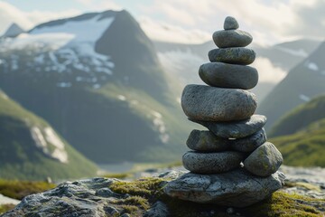 A cairn of stones on a background of mountains