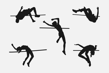 high jump silhouette collection set. sport, running, jumping, athletic concept. different actions, poses. vector illustration.