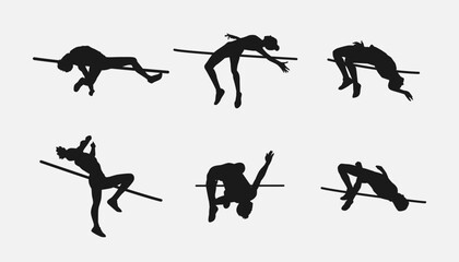 high jump silhouette collection set. sport, running, jumping, athletic concept. different actions, poses. vector illustration.