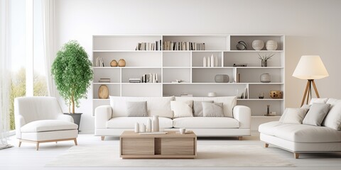 Spacious white living room with furniture and decor.