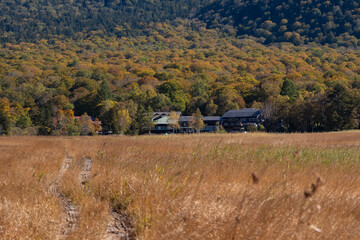 尾瀬ヶ原から燧ヶ岳の裾野の紅葉と彌四郎小屋を眺める