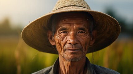 Fototapeta premium A farmer wearing a wicker hat outdoors, daylight, flash light, farmer's skin details, green rice field background.